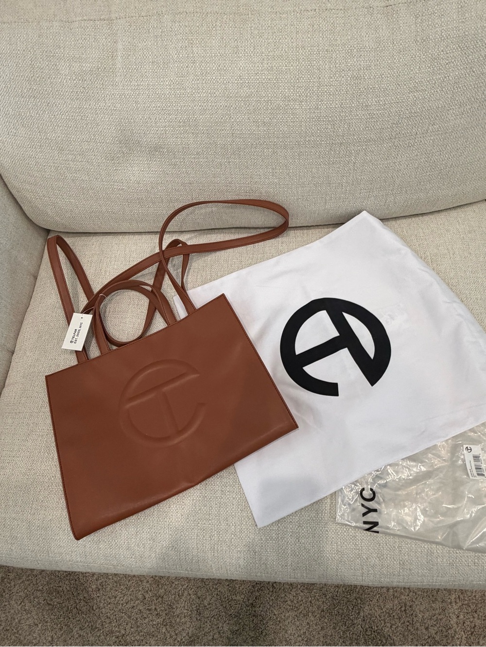 Telfar Brown Leather Shopping Tote with Embossed Logo
